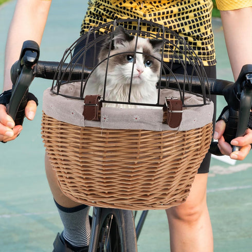 Commuting Puppy Bike Carrier Handwoven Wicker Pet Basket with Straps for Dog Cat Riding, Front Mounted Animal Carrier