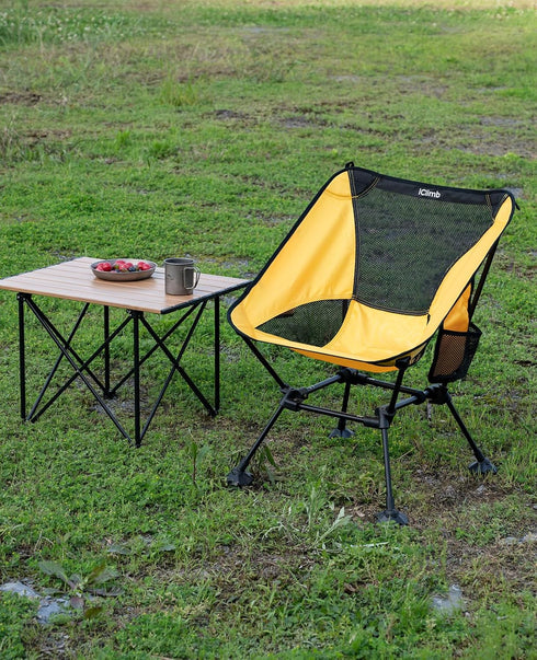 iClimb Ultralight Compact Folding Beach Chair - Anti-Sinking Large Feet and Back Support Webbing (Yellow - Square Frame)