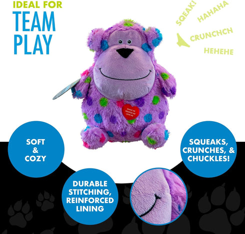 Hero Chuckles Bellies Polka-dotted Monkey Plush Dog Toy, Durable Squeaky Stuffed Animal with 3 in 1 Squeaker