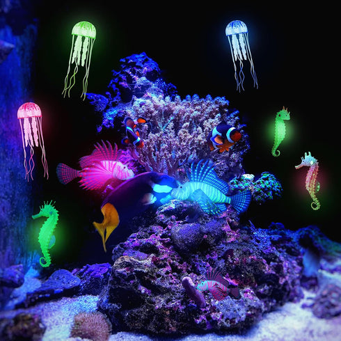 8 Pieces Luminous Aquarium Decorations with Glowing Jellyfish, Artificial Jellyfish, Fluorescent Lionfish, Seahorse