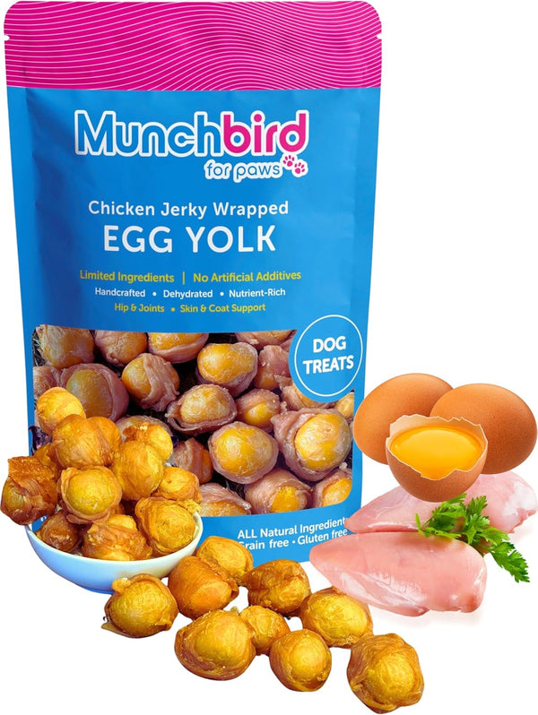 Munchbird Dehydrated Chicken Jerky Wrapped Egg Yolk Dog Treats, high-Protein Dog Food