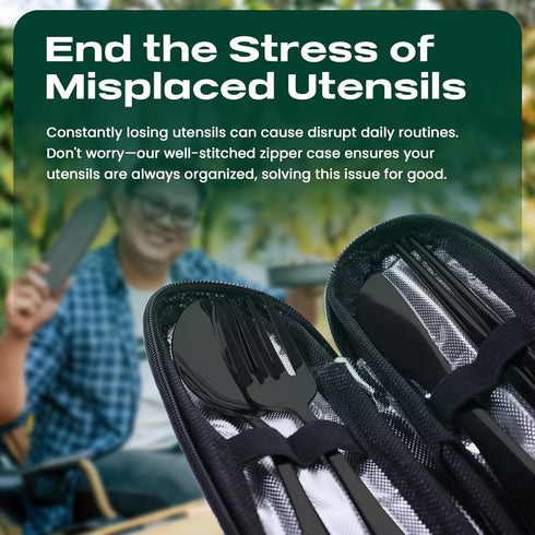 Portable Travel Silverware Set with Case, 5 Pcs Stainless Steel Flatware Set for Camping, Lightweight (Black)