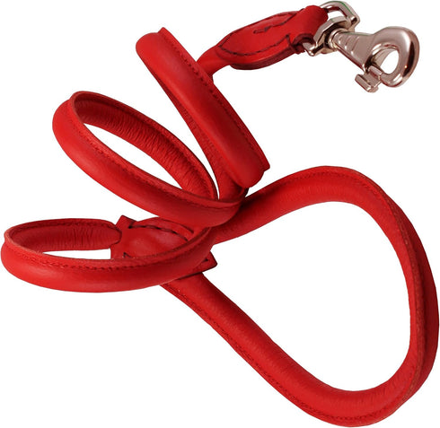 Dogs My Love 4ft Long Round Genuine Rolled Leather Dog Leash, Red (Large: 1/2")