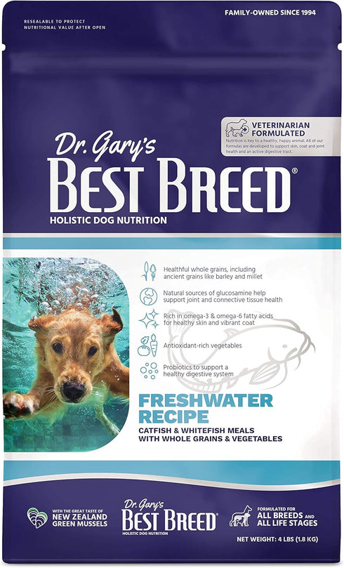 Best Breed Dr. Gary's Freshwater Recipe Natural Dry Dog Food for All Breeds and Sizes, Slow-Cooked in USA - 4lbs
