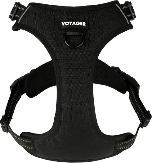 Voyager No Pull Dog Harness, Adjustable Soft Strong Pet Harness for Medium Dogs, Black Nylon with Dual Leash
