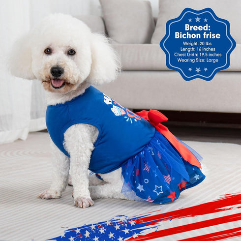 cyeollo 4th of July Dog Dress, Tulle Skirts for Small Dogs, Patriotic Outfits with Bowtie, Blue, Size S