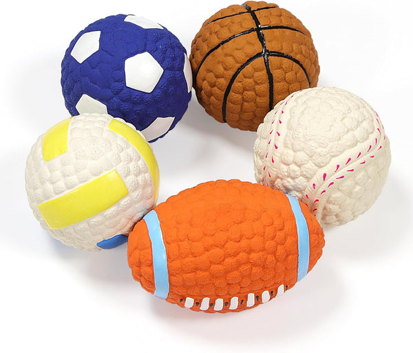2.4" Squeaky Latex Dog Toy Ball Sports Balls Set, Soft, Bouncy & Durable for Small Medium Dogs, 5 Pcs/Set