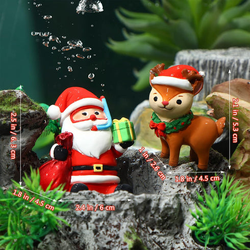 Christmas Aquarium Decoration, 2pcs Santa Claus Reindeer Figurines Resin Ornament for Holiday Fish Tank