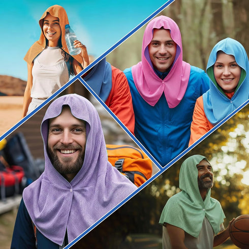10 Pack 50 Summer Breling Cooling Hoodie Towels for Neck and Face, UPF Sun Protection and Evaporative Cool Technology