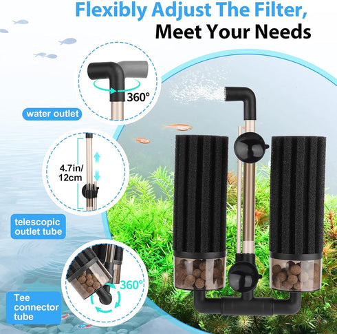 2 hygger Aquarium Double Sponge Filter: Upgraded Sponge Filter with Larger Filtration Area, Come with Extendable Clip