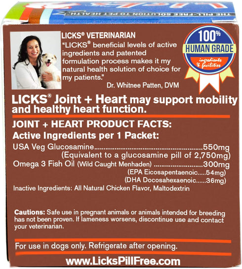 Licks Pill-Free Dog Joint and Heart Supplement, Glucosamine & Omega 3 Fish Oil, Gel Packets, 10 Use