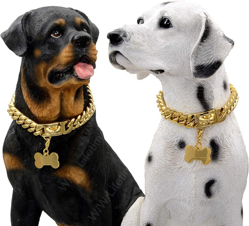 Gold Dog Chain Collar, 18K Cuban Link Metal Chain Collar with Secure Buckle, Heavy Duty Chew Proof for Medium Dogs