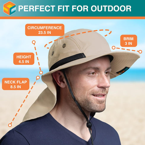 SUN CUBE Wide Brim Sun Hat for Men, Neck Flap Cover, UV Protection for Hiking, Camping, Gardening