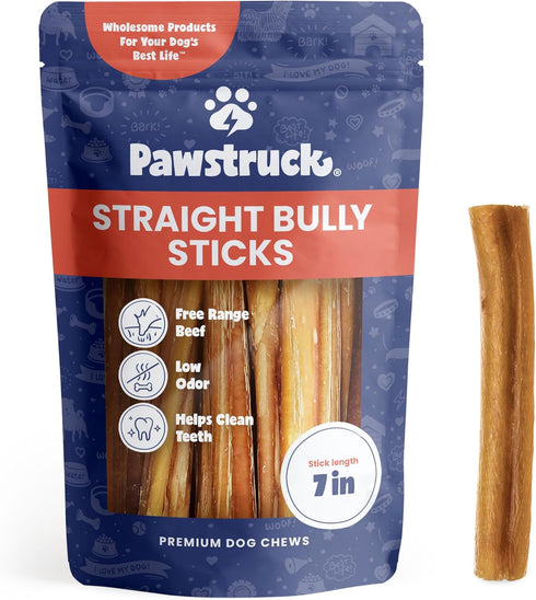 Pawstruck All-Natural 7" Bully Sticks for Dogs - Long Lasting, Rawhide Free, Low Odor & Grain Free Dental Chew