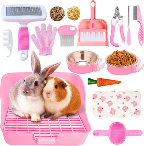 16 Pcs Bunny Grooming Kit,Rabbit Litter Box, Bunny Toys,Blankets with Cleaning Supplies,Pet