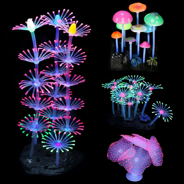 Lpraer 4 Pack Glow Aquarium Decorations, Coral Reef Glowing Mushroom Anemone Simulation Glow Plant for Fish Tank
