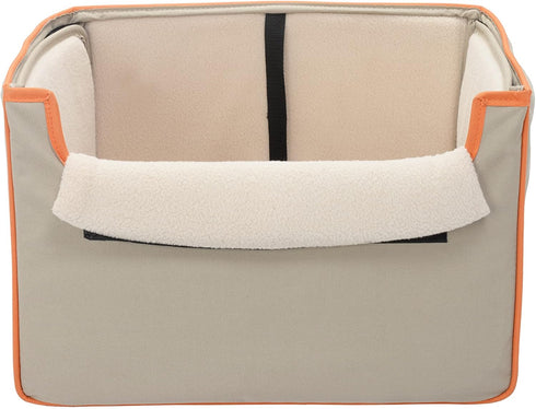 Collapsible Pet Booster Car Seat Box with Plush Fleece Cover, Cushion Insert and Foam Padded Panel - Foldable Carseat for Small Pet Dogs and Puppies Under 20 lbs, Khaki