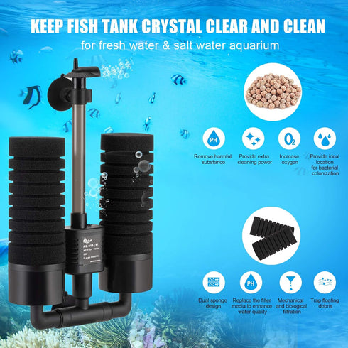 2 1 AQQA Aquarium Sponge Water Filter, Power Driven Double Biochemical Filter, Quiet Submersible Foam Filter with Extra