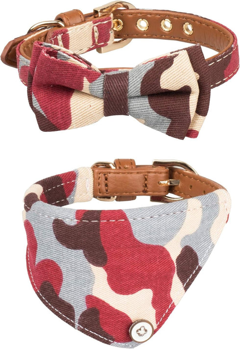 Small Dog Collar Puppy Cat Tiny Pet Bow Tie & Bandana Set, 2pcs PU Leather Canvas Scarf, Durable Camo-Red