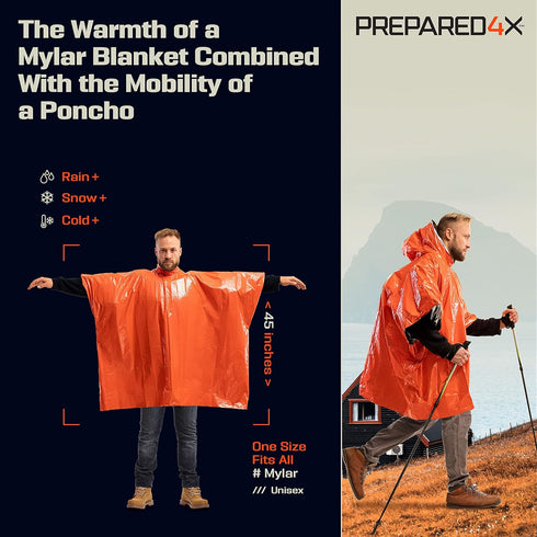 PREPARED4X Emergency Poncho and Mylar Blanket Liner, Waterproof Wind-Resistant Outdoor Rain Poncho