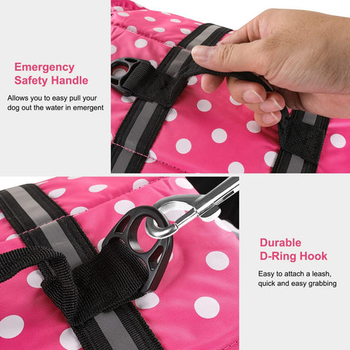 HAOCOO Dog Life Jacket Vest Saver, Safety Swimsuit Preserver, Pink Polka Dot, XXS