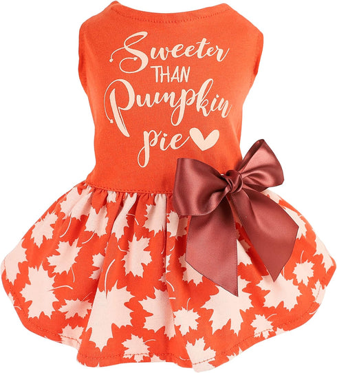 Fitwarm Thanksgiving Dog Dress, Sweeter Than Pumpkin Pie, 100% Cotton Holiday Girl One-Piece Outfit, Orange Medium
