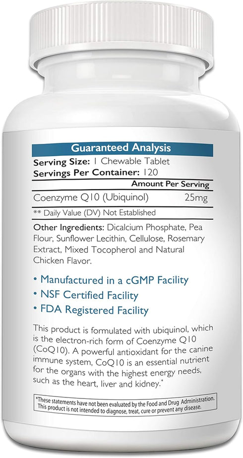 Coenzyme Q10 for Dogs, Ubiquinol Grain-Free Supplement, Promotes Heart Health, Cognitive & Energy Support, 120 Chewable