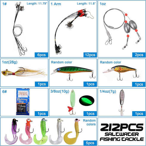 OROOTL Saltwater Fishing Tackle Kit, 212pcs Ocean Fishing Tackle Box with Rigs Hooks Lures Jig Spoons