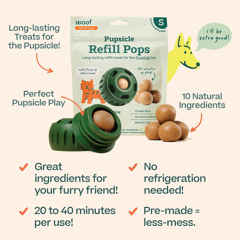 10 Count WOOF Pupsicle Refill Pops - Low-Mess Dog Snacks - with Peanut Butter and Beef - Dog Treats - Long Lasting