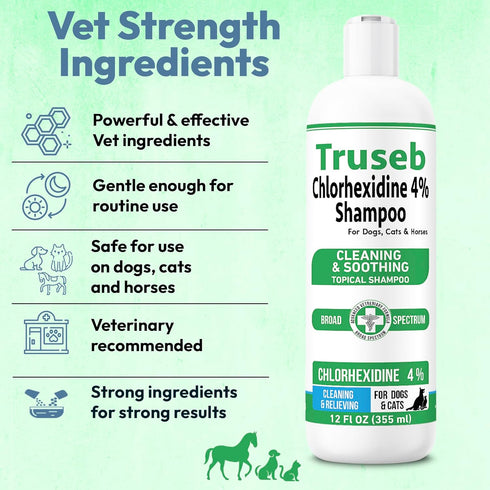 Pet Health Pharma 4% 12 oz 4% 12 oz) Truseb Topical Chlorhexidine Shampoo for Dogs, Cats, and Horses