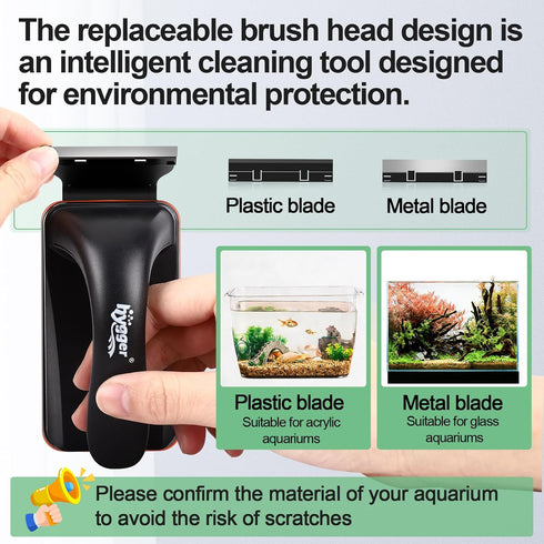 0.4-0.8 Inch hygger Magnetic Aquarium Fish Tank Glass Cleaner,Detachable Dual-Blades Brush Tool with Floating Scrubber