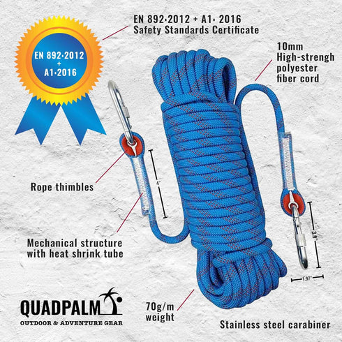 Grappling Hook with 10m Rope - Multifunctional QUADPALM Grapple Hook with 4 Stainless Steel Folding Claws