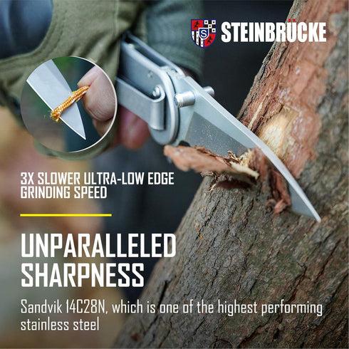 Folding Pocket Knife with Clip - 3.1” Sandvik 14C28N Stainless Steel Blade, Titanium Coated Serrated, SS410 Handle for