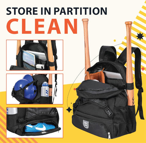Lightweight Baseball Bag for Boys and Girls - Youth Softball Backpack with Shoe Compartment