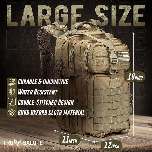 Tru Salute 45L Military Tactical Backpack, Large Army 3 Day Assault Pack Molle Bugout Bag (Tan)