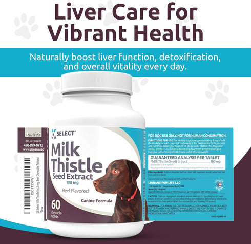 K9 Select Milk Thistle for Dogs, 100mg - 60 Beef Flavored Tablets for Canine Liver Health Supplement