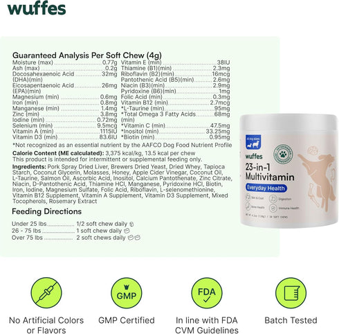 Wuffes 23-in-1 Chewable Dog Multivitamin, 30 Soft Chews - Vitamins for Small & Large Breeds, Coat, Heart, Joints