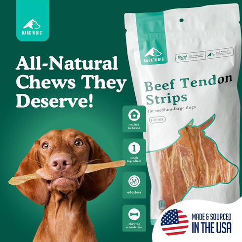 100% 8-12 Inch 12 BARK'N BIG Beef Tendons for Dogs Made in USA - Single Ingredient Dog Treat - Premium All-Natural USA