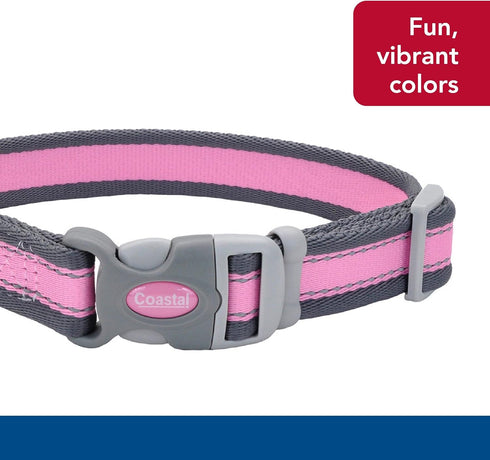 Coastal Pet Pro Reflective Adjustable Dog Collar - Bright Pink with Grey, 1" x 14-20"