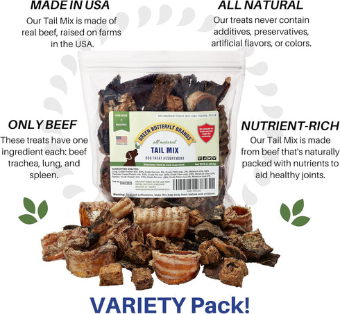 Tail Mix Dog Treats Made in USA All Natural Beef Bites 1 Ingredient Grain Free Assortment Beef Lung, Trachea and Spleen
