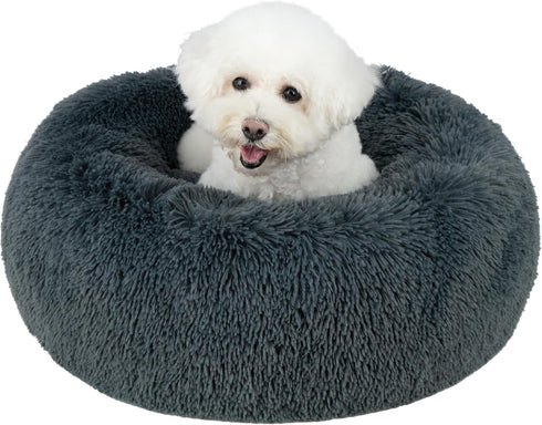 Best Pet Supplies Round Donut Dog Bed with Plush Faux Fur Fabric, Calming Cushion for Indoor Pets, Gray, 24x24x7''
