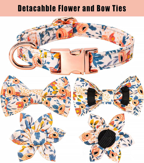 Cute Girl Dog Collar and Leash Set - Adjustable Floral Collar with Flower Bowtie and Metal Buckle for Small Medium
