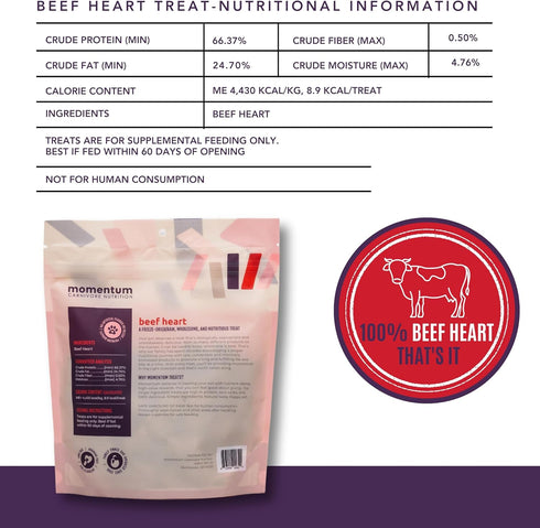 3 oz Momentum Carnivore Nutrition Freeze-Dried Beef Heart Dog Treats & Cat Treats Single-Ingredient, High-Protein