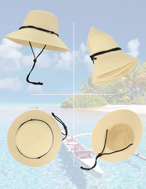 Gisdanchz Women Wide Brim Straw Hat with Chin Strap for UV Sun Protection - Summer Accessory