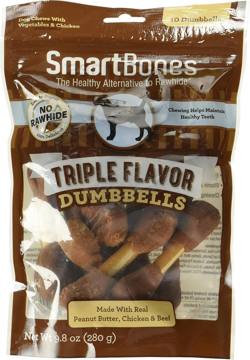 SmartBones Triple Flavor Dumbbells, 10 Count, Rawhide-Free Chews with Peanut Butter for Dogs