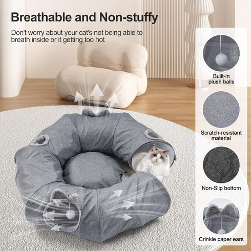 Linen Cat Tunnels with Central Cat Bed, Interactive Cat Toys Detachable Washable Soft Mat Large Indoor Play Tunnel Cave