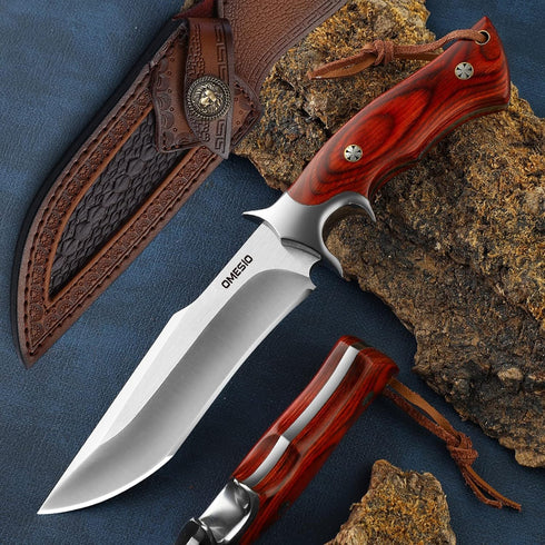 Omesio Fixed Blade Knife with Sheath, M390 Steel Survival Knife, Fulltang 60±1 HRC EDC Hunting Knives, Wood Handle