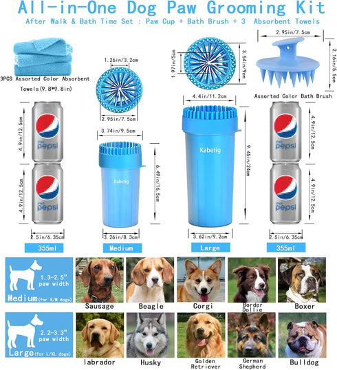 Kabetig 2-in-1 3 Dog Paw Cleaner Kit for Medium & Small Dogs - Quick Clean No Full Bath, Paw Wash Cup with Detachable