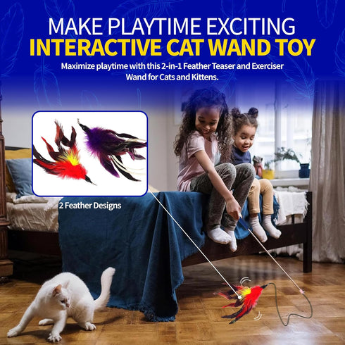 Pet Fit For Life Cat Feather Wand Toys, Red - Interactive Cat Wand Toy for Indoor Pets, 2 Feather Attachments