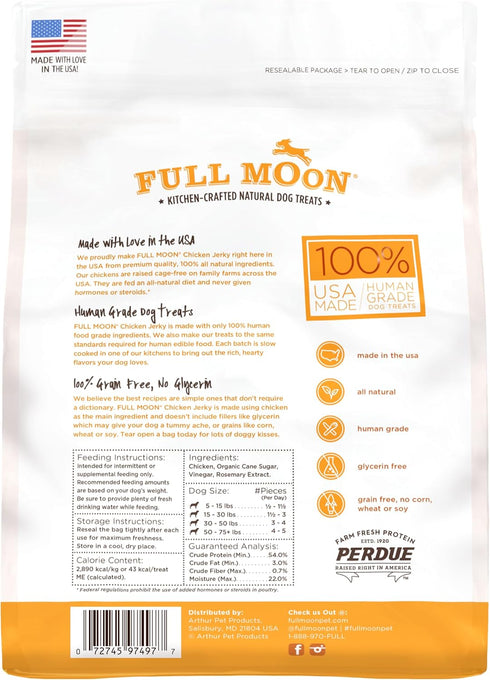 Full Moon Chicken Jerky - Healthy All Natural Dog Treats, Human Grade, Made in USA, Grain Free, 12 oz